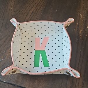 kate spade White Polka Dot Leatherette Tray with Pink & Green Monogram K